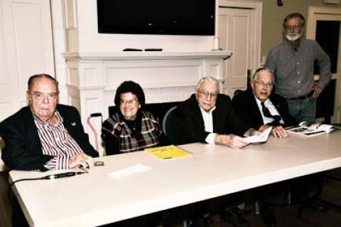 Memories of the 1938 hurricane were recalled by, from left, Donald Halsey, Josephine Crasky, Bucket Daniels, and John Ecker at the East Hampton Presbyterian Church Session House on Friday. At right was Richard Barons, director of the East Hampton Historical Society.