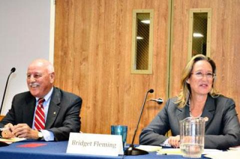 State Senator Kenneth P. LaValle debated his challenger, Southampton Town Councilwoman Bridget Fleming, on Monday night in East Hampton Village.