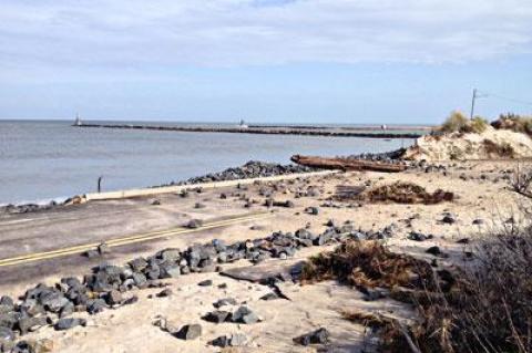 Rocks that once helped protect Soundview Drive in Montauk were thrown by the heavy surf onto the pavement.