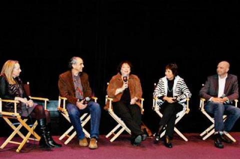 Susan Lacy, center, was joined by, from left, Jamie Bernstein, Roger Sherman, Susan Makepeace, and Michael Epstein at an event in Ms. Lacy’s honor at the Bay Street Theatre in Sag Harbor Saturday night.