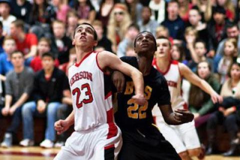 Pierson’s Jake Bennett and Bridgehampton’s Jason Hopson anxiously awaited a rebound before a standing-room-only crowd in Sag Harbor Friday night.