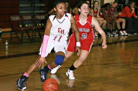 Kaelyn Ward, with the ball above, led East Hampton with 18 points in 64-51 win here over Miller Place.