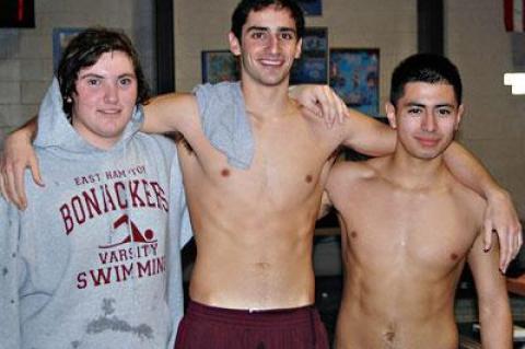 The seniors Andrew Winthrop, Sergio Betancur, Christian Figueroa, and Adam Heller (not pictured) were honored before East Hampton’s last home meet at the Y.M.C.A. East Hampton RECenter last Thursday.