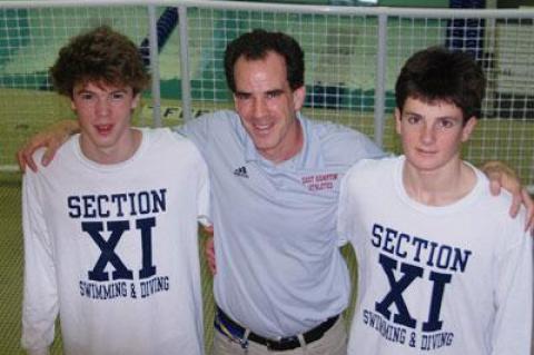 Craig Brierley, the East Hampton High School boys swimming coach, was proud of the way his son, Thomas, left, and Trevor Mott swam at last weekend’s state meet outside Rochester.