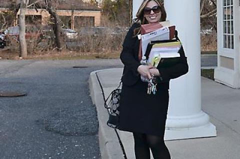 Melissa Aguanno, an attorney, leaves East Hampton Justice Court on March 22 after a jury voted her client “not guilty” of the two charges she faced, driving while intoxicated, and driving with ability impaired by alcohol.