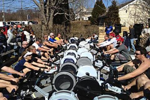 And they’re off — in the rowing machine leg of the Montauk Brewing Company and Exceed Fitness’s relay race.