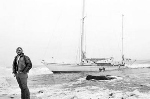 Bryce Muir of Maine, Amazon’s captain, stood on the beach in front of the yacht after she ran aground just west of Ditch Plain Beach in Montauk on May 8, 1978.