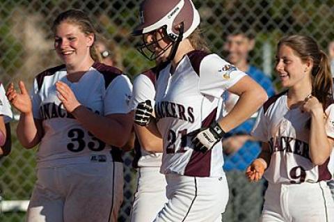 Courtney Dess, crossing the plate following her two-run home run in the fifth inning of Friday’s softball game here with Rocky Point, pitched well that day in relief of Casey Waleko.