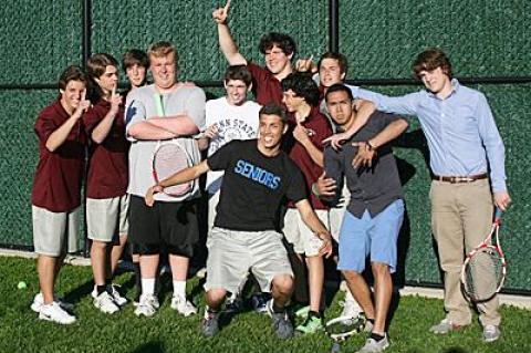 East Hampton’s boys tennis team, celebrating its 4-3 win here over Ross on May 1, defeated all its league opponents save Westhampton Beach.