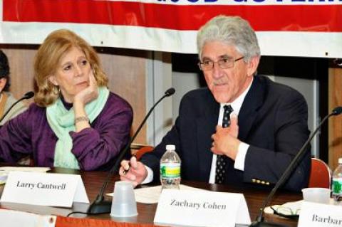 Lynn Sherr, left, moderated a forum Saturday on the council-manager form of government. Larry Cantwell, right, the East Hampton Village administrator, was among a panel discussing the idea’s pros and cons.