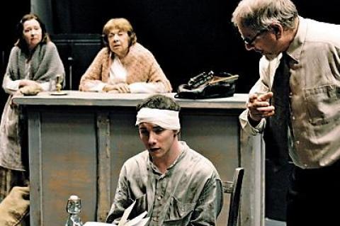 A scene from Martin McDonagh’s dark comedy “The Cripple of Inishmaan,” running at Guild Hall’s John Drew Theater from Wednesday through June 9. Above from left to right are Kristen Lowman, Janet Sarno, Christopher Imbrosciano, and Tom Gustin.