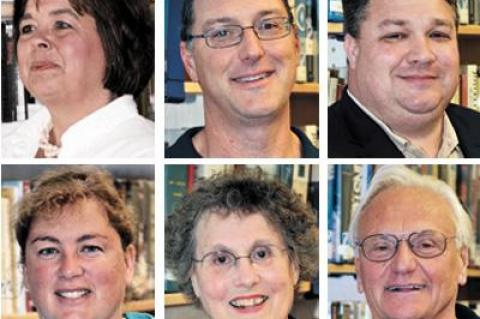 In the running for East Hampton School Board are, clockwise from top left, Alison Anderson, Nicholas Boland, J.P. Foster, Richard Wilson, Mary Ella Moeller, and Wendy Geehreng.