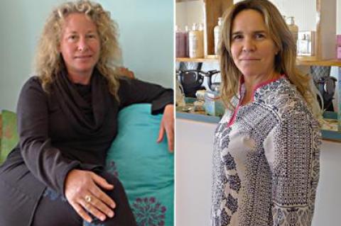 At her new shop, Made in Montauk, Ingrid Torjesen, left,  sells handmade pillows like the ones she is lounging on. Kim Gatti, right, has opened the Beach Boutique at Montauk Harbor.