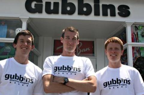 Three of the four middle-distance runners who are, under the Gubbins Running Ahead banner, expected to dominate the road races here this summer and fall are, from left, Will McFall, Owen Dawson, and Ryan Hagen. The other member of the quartet is Shawn Roberts.