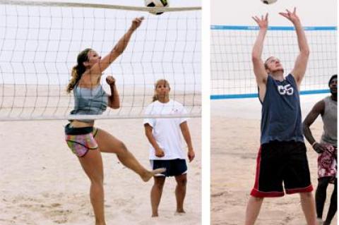 Tahlia Miller, left, is among a number of former East Hampton High School stars who will play in Gurney’s coed beach volleyball league this summer.  The State University of New York Athletic Conference’s men’s basketball player of the year, Hayden Ward, right,set the ball for a teammate at Gurney’s last Thursday evening.