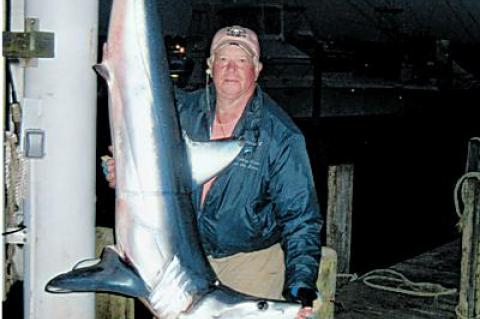 Fishing alone on his 19-foot Sea Hunt, Rosebud, John Ebel of East Hampton landed this 254-pound mako on July 7, 26 miles south of Montauk Point. It was weighed in at the Star Island Yacht Club in Montauk.