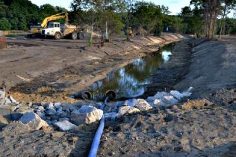 A long-stalled project to reduce pollution at Havens Beach was not finished as of Monday, though village officials had vowed the work would be completed by the start of swimming season.