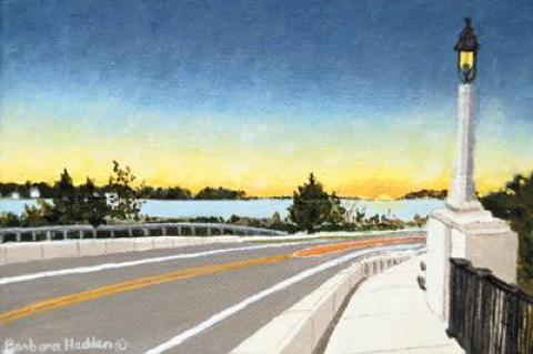 Barbara Hadden painted different versions of the Sag Harbor Veterans Memorial Bridge to be shown at the Romany Kramoris Gallery beginning today.