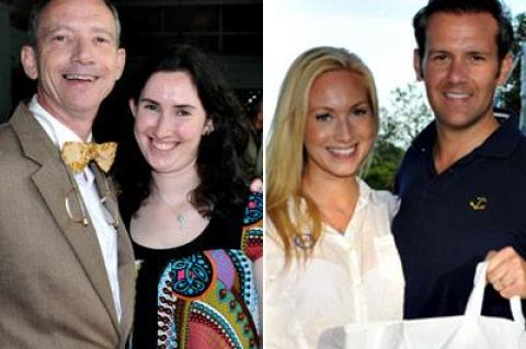 At Left, Steve Tekulsky, who is running for East Hampton Town justice with the endorsement of the Democratic and Working Families parties, posed with his daughter, Kylie, at a Democratic event in June. At Right, Carl Irace, the Republican, Independence, and Conservative candidate for East Hampton Town justice, out and about at the Springs chicken barbecue with his wife, Alice Cooley Irace