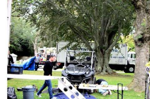 Members of “The Affair” production crew unloaded equipment at Cedar Lawn Cemetery on Cooper Lane in East Hampton.