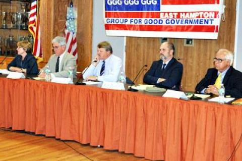 A Group for Good Government debate on Saturday brought together the East Hampton Town supervisor candidate, Larry Cantwell, second from left, and town board candidates, from left, Kathee Burke-Gonzalez, Fred Overton, Job Potter, and Dominick Stanzione.