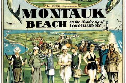 “Montauk Beach,” a poster from about 1930, will be auctioned tomorrow at Swann Auction Gallery in New York City with an estimate of $12,000 to $18,000.