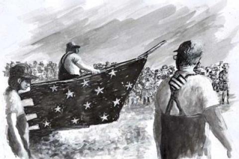 One of Cynthia Loewen’s 20-plus illustrations in Marsha King’s “A Fine Day for Fishing” shows Capt. Dan King’s flag dory at a protest in Amagansett in 1992 over the banning of haulseining.