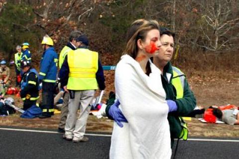 It may look like a terrible accident, but it was actually a mass-casualty drill for first responders, held in Montauk on Sunday.