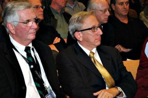 Peter Kirsch, right, the town’s aviation attorney, photographed earlier this year, said new legal developments could affect East Hampton Town’s options for regulating its airport. Jim Brundige, the East Hampton Airport manager, is at left.