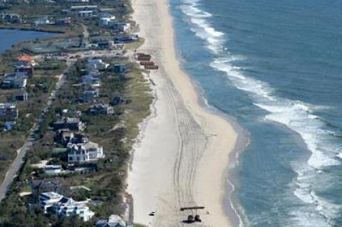 An aerial view of the $25 million Southampton beach restoration that began last fall at Flying Point Beach in Water Mill and is now nearing completion at Town Line Road in Sagaponack.