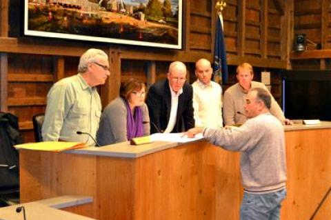 Cate Rogers, second from left, returned to serve on the East Hampton Zoning Board of Appeals after a four-year absence. With her Tuesday at Town Hall were Don Cirillo, Alex Walter, David Lys, and Bryan Gosman, as they discussed a pending application with the Planning Department’s Brian Frank.