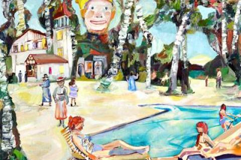 Unsettling elements surround the sunbathers in Elizabeth Huey’s painting “Haven for the Tender Hearted.”