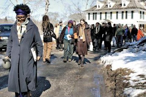 Sandra Arnold led the singing of spirituals during a “walk of remembrance” to the slave burial ground at Sylvester Manor on Saturday morning. She was among those who spoke following a screening of “Traces of the Trade: A Story From the Deep North” at the Shelter Island Library the previous night.