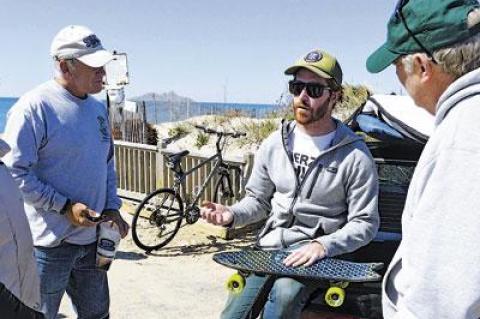 Kevin Ahearn Jr. showed a group of Ditch Plain regulars a fish-shaped prototype of a skateboard made from recycled drift nets.