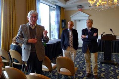 Suffolk County Executive Steve Bellone, right, with East Hampton Town Supervisor Larry Cantwell and Legislator Jay Schneiderman, met with business owners at Gurney’s Inn in Montauk on April 30 to discuss issues such as erosion control, affordable housing, and transportation.