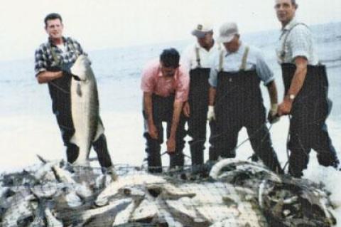 From left, Floyd Havens, Dom Dom, William Havens, Bill Lester, and Sidney Havens with their catch before haulseining was banned in the name of “conservation.”