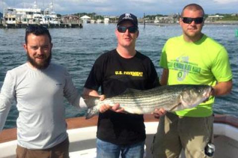 Eric Nappier, Steve Bohn, and Ken Weinert, Army veterans wounded in combat, enjoyed a day of fishing in Montauk last month courtesy of Freedom Fighter Outdoors.