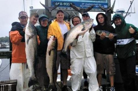 John Harris and his sons, John and Mike Harris, and grandsons, Nick, Mike, and D.J., caught eight 25-to-35-pound striped bass and 10 bluefish on Saturday with Capts. Michael Potts and Harry Garrecht of the Bluefin IV out of Montauk.   The hull of the Viking Freedom, a steel-hulled sailboat, was welded together in Montauk with the help of Stuart Vorpahl.