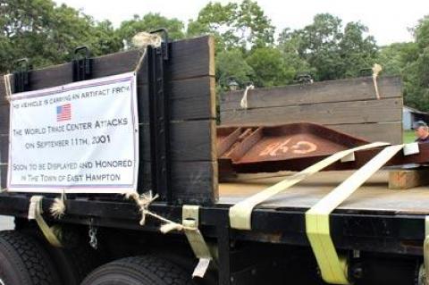 A truck delivered a steel beam from the World Trade Center to the American Legion Hall in Amagansett on Aug. 13.