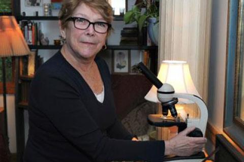 With microscope in hand, Patricia Hope is at work on a study cataloging local ticks and mites.