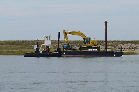 Heavy equipment was in place for the dredging of Napeague Harbor’s west channel, which commenced yesterday.