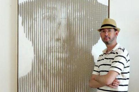 Colin Goldberg posed with an uncharacteristically figurative self-portrait at the Southampton Arts Center this summer.