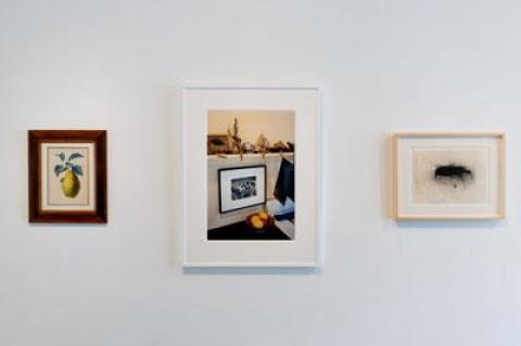 In one of the more characteristic Drawing Room installations within the salon setting, three pieces in the hallway are given some breathing room. They are a 19th-century drawing of a pear, an Adam Bartos photograph, and Donald Sultan’s “Dead Bird” drawing.