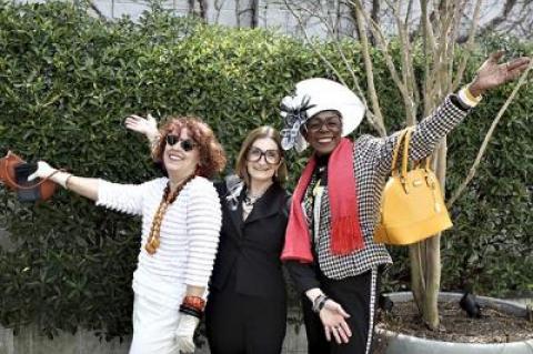 Teri Kennedy, Marla Schwenk, and Felecia A. Wilson dressed in theme to honor Iris Apfel at the screening of Albert Maysles’s last film, “Iris,” at Bay Street Theater in Sag Harbor on Sunday. The film was presented by the Hamptons Take 2 Documentary Film Festival and was followed by a panel discussion.