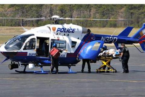 A customer who was crushed by falling wallboard at a Riverhead Building Supply warehouse in East Hampton on Friday was airlifted to Stony Brook University Hospital from East Hampton Airport. He was still listed in critical condition yesterday.