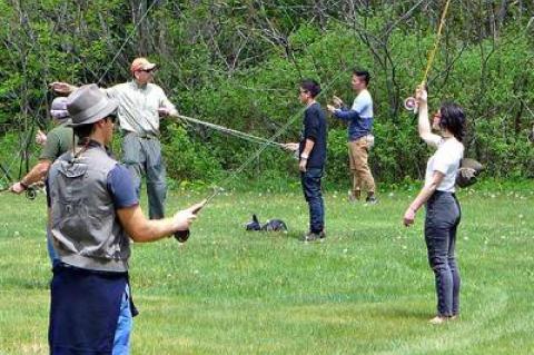 Neophyte fly casters practiced the basics during a clinic in Roscoe, N.Y., on Monday.