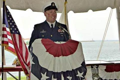 Retiring after 21 years of service, Senior Chief Petty Officer Jason Walter, above, of the Montauk Coast Guard Station handed the helm to incoming Senior Chief Petty Officer Eric Best last week.