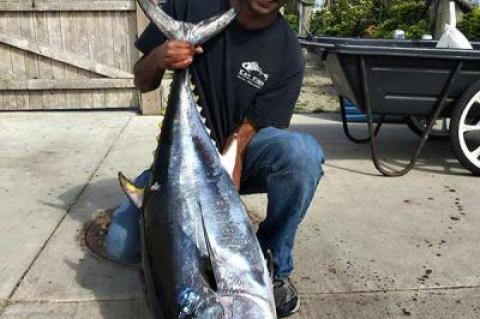 This bluefin tuna was angled by Matt Heckman, above, with Oliver Saul at the helm approximately eight miles from Montauk while trolling the C.I.A. grounds last week.