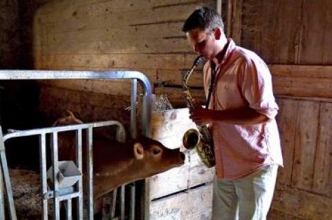 John Ludlow warmed up before the Shelter Island Jazz Fest at his family’s dairy farm in Bridgehampton on Monday.