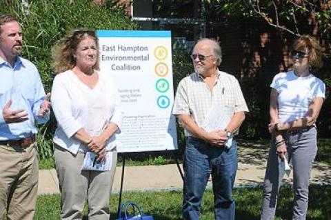 Members of the East Hampton Environmental Coalition, including, from left, Jeremy Samuelson, Kathleen Cunningham, Jim Matthews, Marcia Bystryn, and Susan Harder, announced several initiatives to help voters understand where local candidates stand as the November town and village elections approach.